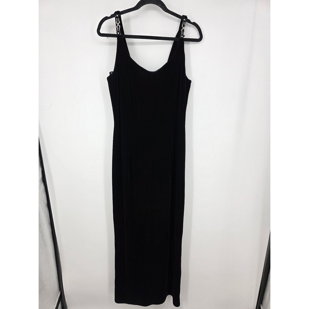 Onyx Nite‎ by Wendy Chaitin Black Velvet Embellished Strap Maxi Dress Size 14